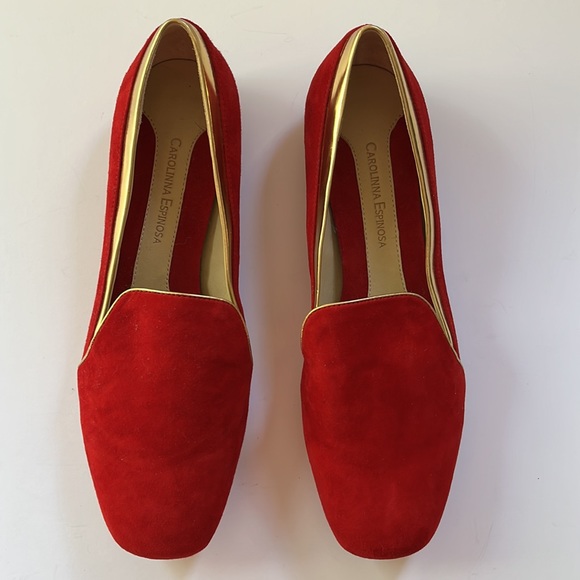 CAROLINNA ESPINOSA | Red Suede Leather Loafer trimmed in Gold - Picture 2 of 14